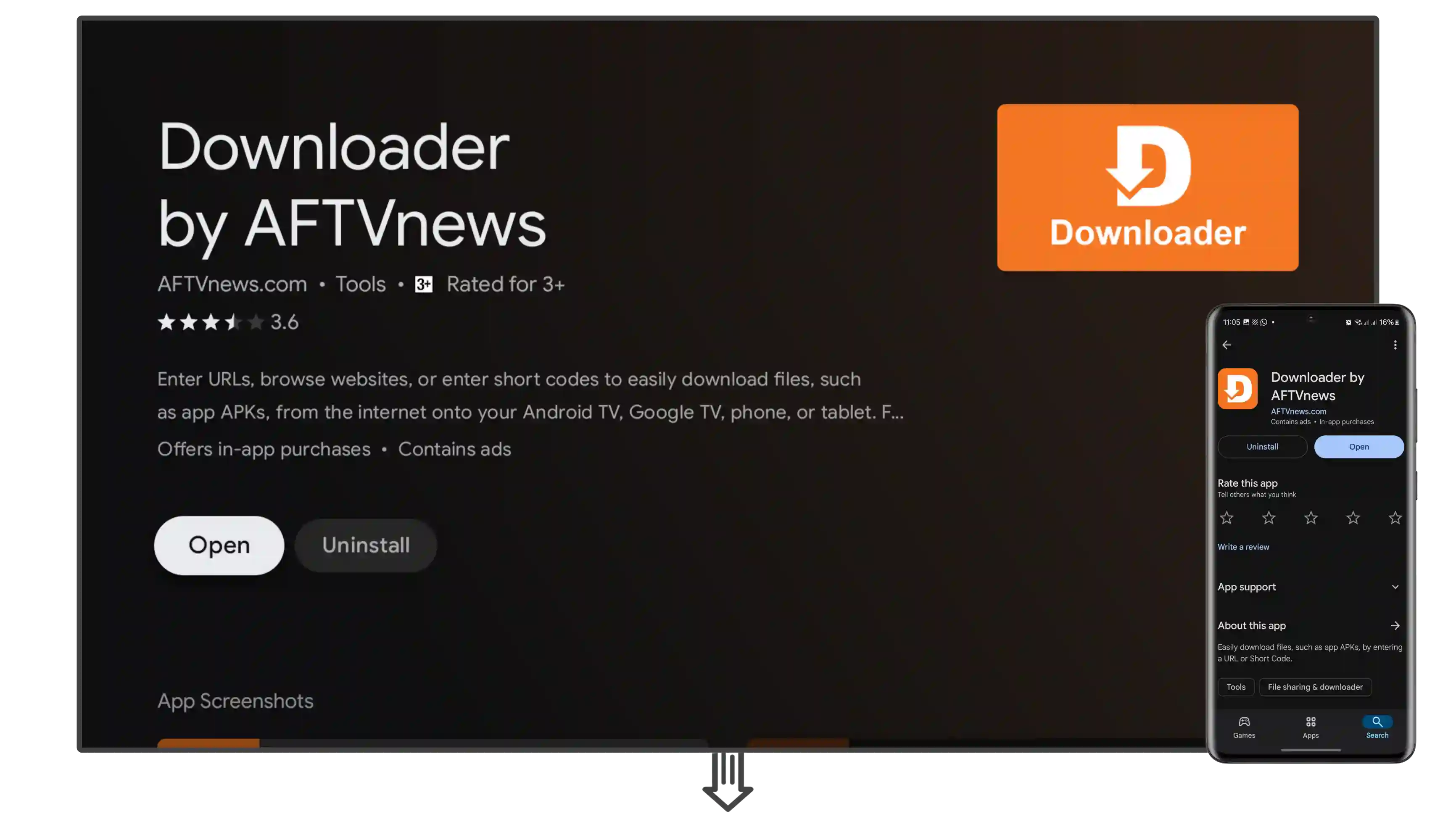 صفحة تطبيق Downloader في Google Play Store